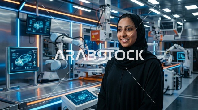 مهندسة سعودية محجبة تعمل في مصنع ذكي للروبوتات