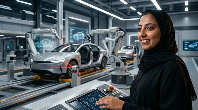 مهندسة عربية بالعباءة تشغل لوحة تحكم مصنع سيارات ذكي