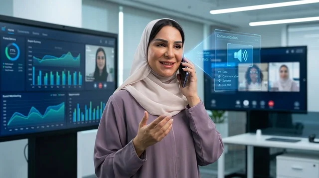 سيدة أعمال سعودية تتحدث بالهاتف في مكتب رقمي حديث