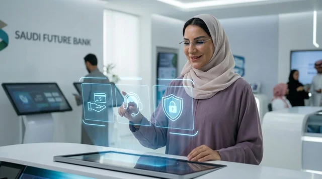 امرأة سعودية تتفاعل مع تكنولوجيا البنوك الرقمية