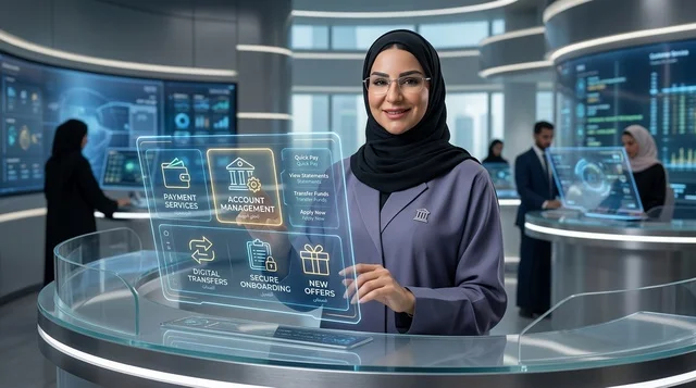 موظفة بنك سعودية تستخدم شاشة هولوجرام رقمية تفاعلية