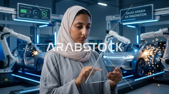 مهندسة سعودية محجبة في مصنع سيارات كهربائية حديث