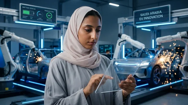 مهندسة سعودية محجبة في مصنع سيارات كهربائية حديث