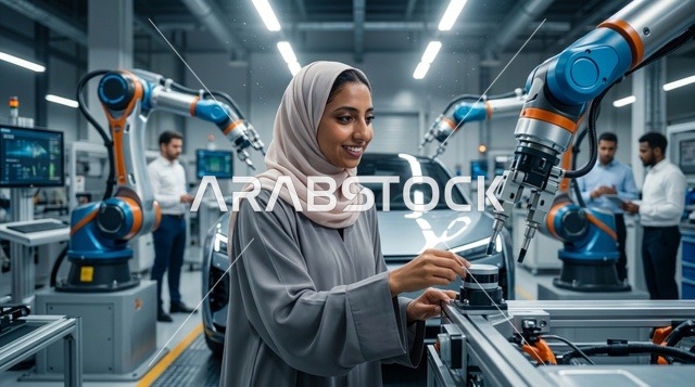 مهندسة عربية بالعباءة تعمل مع الروبوتات في مصنع سيارات