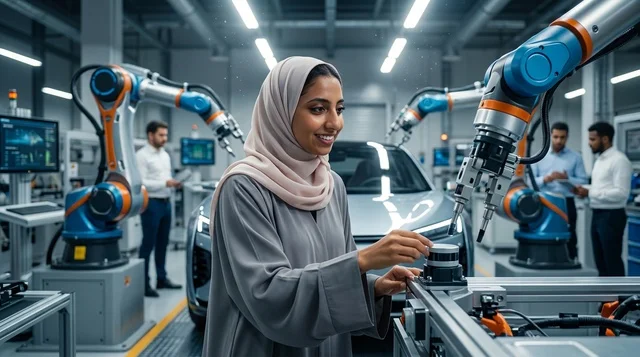 مهندسة عربية بالعباءة تعمل مع الروبوتات في مصنع سيارات