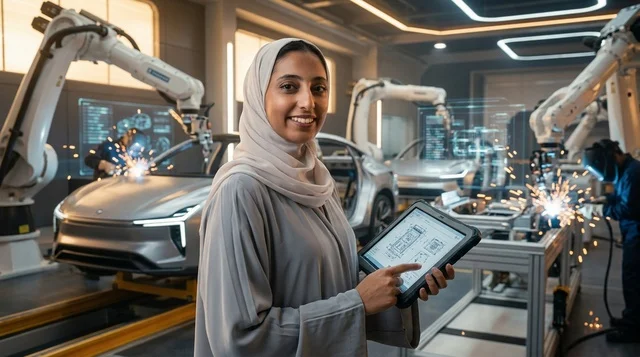 Arab Female Engineer in Smart Car Assembly Factory