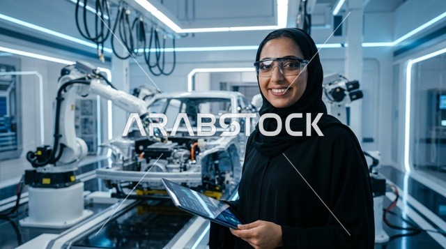 مهندسة عربية بالعباءة والحجاب في مصنع سيارات حديث