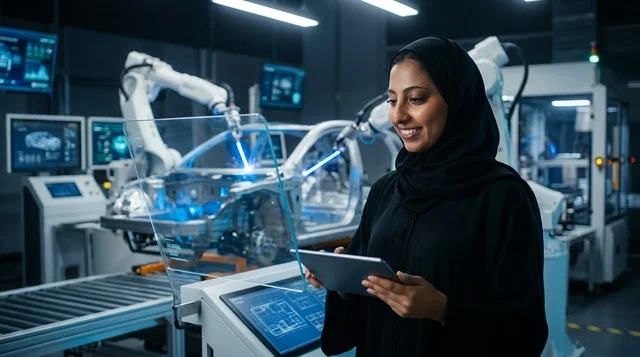 مهندسة سعودية في مصنع تجميع سيارات روبوتي متطور