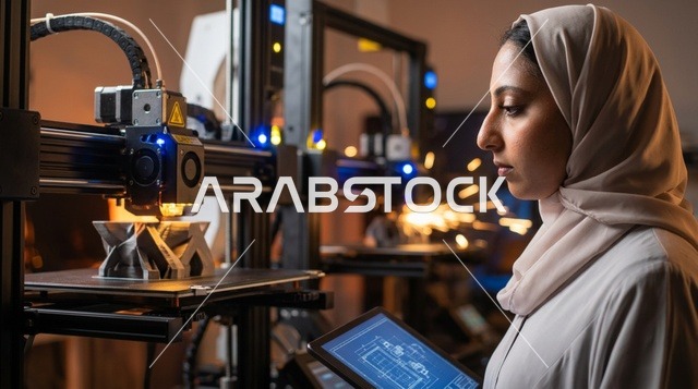 مهندسة عربية محجبة تشغل طابعة ثلاثية الأبعاد في مختبر