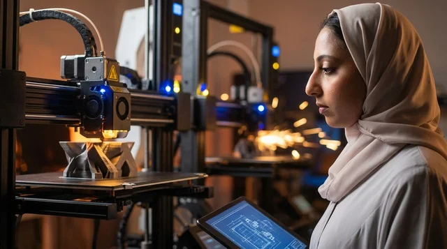 مهندسة عربية محجبة تشغل طابعة ثلاثية الأبعاد في مختبر