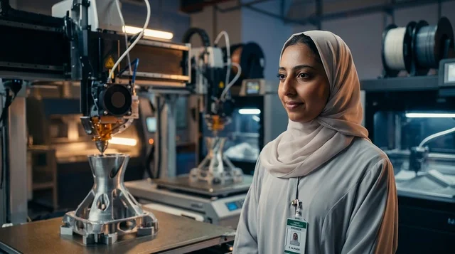 مهندسة سعودية محجبة في مختبر طباعة ثلاثية الأبعاد