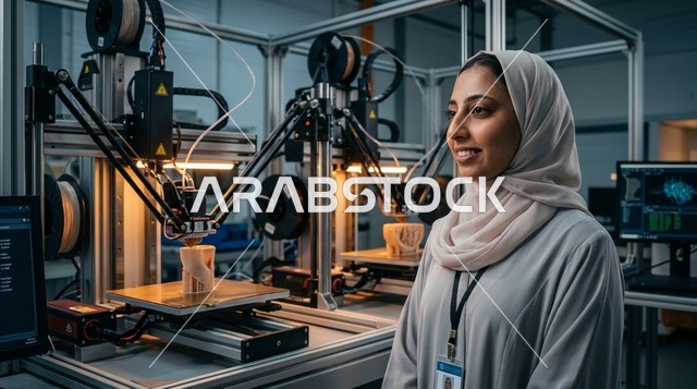 Saudi Female Engineer with 3D Printers in Tech Lab