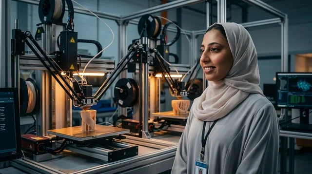 مهندسة سعودية مع طابعات ثلاثية الأبعاد في المختبر