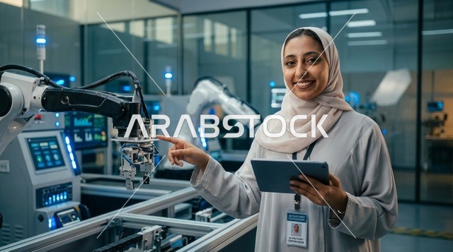 مهندسة إماراتية ترتدي العباية في مختبر روبوتات متطور