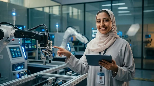 مهندسة إماراتية ترتدي العباية في مختبر روبوتات متطور