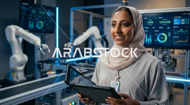 مهندسة سعودية بالحجاب مع لوح رقمي في مصنع ذكي
