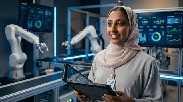Saudi Female Engineer with Tablet in Robotic Factory