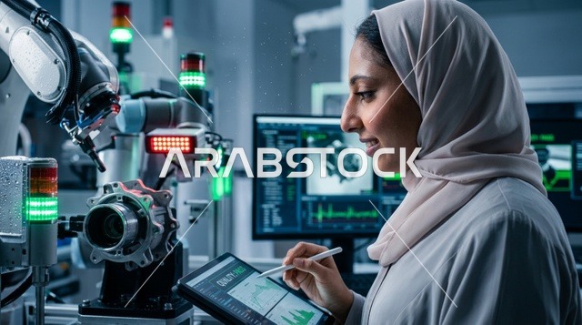 مهندسة سعودية محجبة تعمل في مصنع ذكي للروبوتات