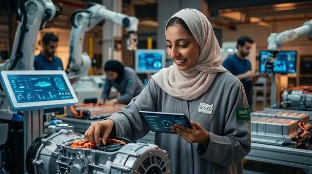 مهندسة سعودية محجبة تعمل في مصنع ذكي للروبوتات