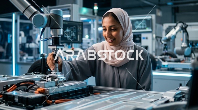 Saudi Female Engineer Working in High Tech Factory