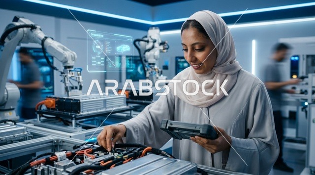 مهندسة عربية بالعباءة تعمل في مختبر الروبوتات الحديث