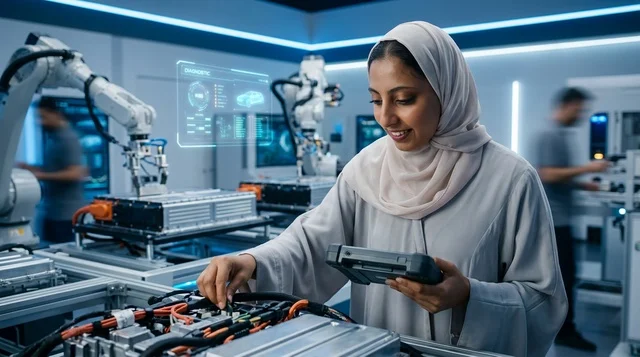 مهندسة عربية بالعباءة تعمل في مختبر الروبوتات الحديث