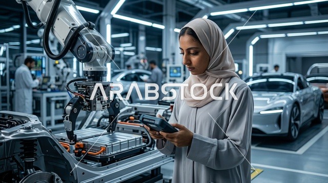 مهندسة عربية محجبة في مصنع سيارات كهربائية حديث