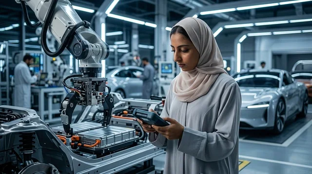 مهندسة عربية محجبة في مصنع سيارات كهربائية حديث