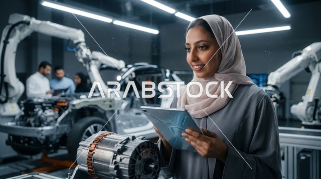 مهندسة سعودية تحمل جهاز لوحي في مصنع سيارات حديث