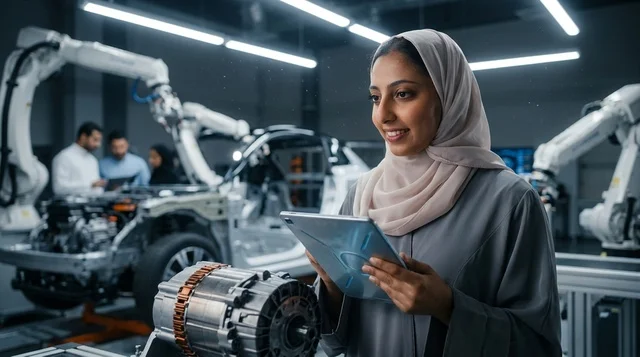 مهندسة سعودية تحمل جهاز لوحي في مصنع سيارات حديث