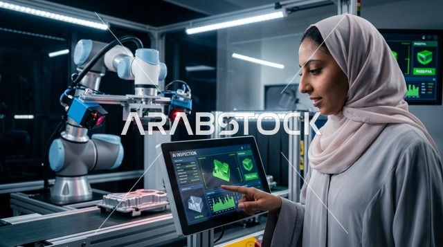 مهندسة عربية بالحجاب والعباءة تشغل ذراعاً آلياً حديثاً