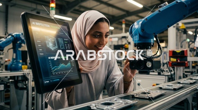 مهندسة عربية بالحجاب في مصنع الأتمتة الذكية