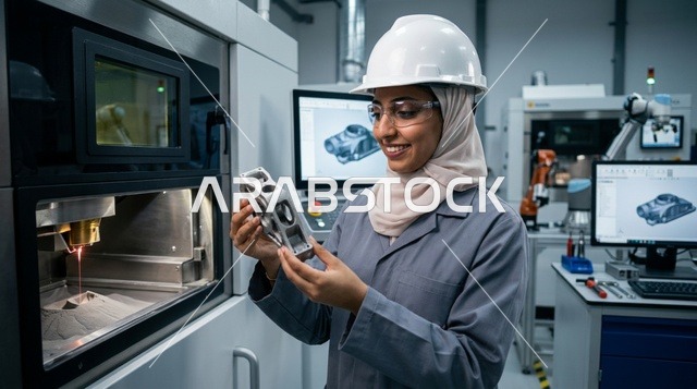 مهندسة عربية تفحص قطعة مطبوعة ثلاثية الأبعاد في المختبر