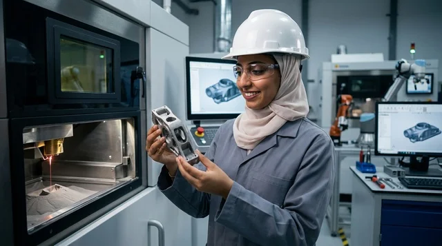 مهندسة عربية تفحص قطعة مطبوعة ثلاثية الأبعاد في المختبر