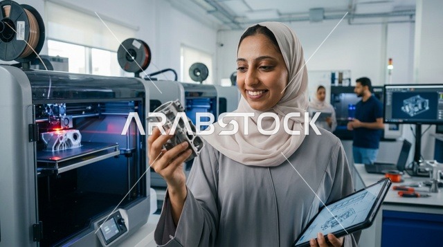 مهندسة عربية تفحص قطعة مطبوعة ثلاثية الأبعاد في المختبر
