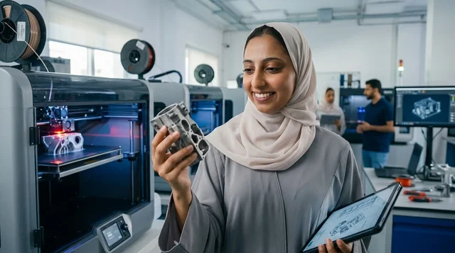 مهندسة عربية تفحص قطعة مطبوعة ثلاثية الأبعاد في المختبر