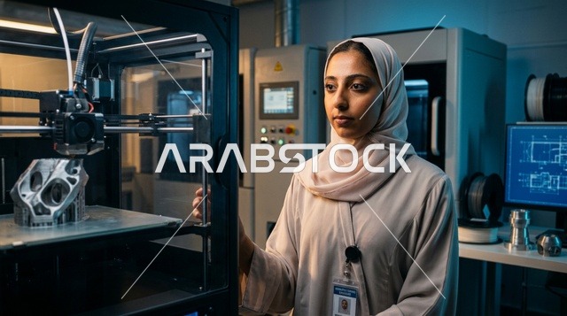 مهندسة سعودية محجبة تعمل على طابعة ثلاثية الأبعاد