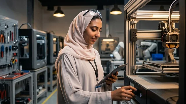Arab Female Engineer Operating 3D Printer in High Tech Lab