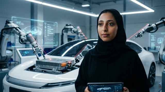 مهندسة إماراتية بالعباءة في مصنع سيارات كهربائية حديث