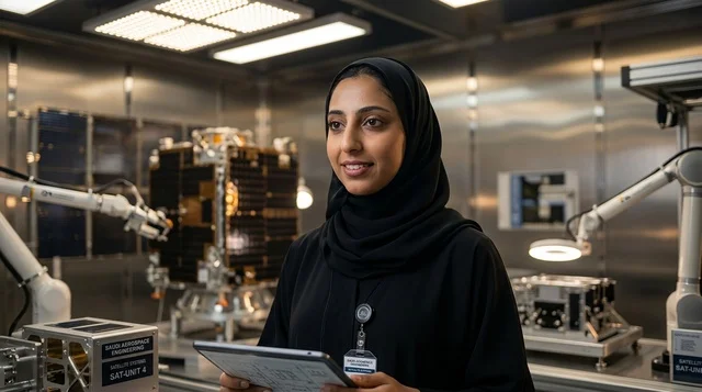 مهندسة فضاء إماراتية بالعباءة في مختبر الأقمار الصناعية