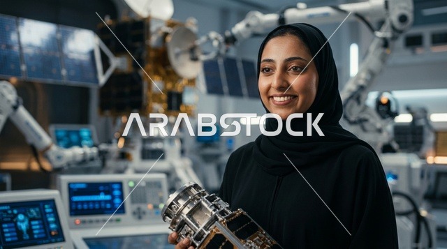 مهندسة فضاء عربية بالعباءة والحجاب داخل مختبر متطور