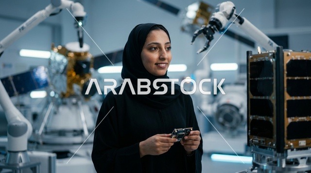 مهندسة فضاء إماراتية بالعباءة في مختبر روبوتات حديث