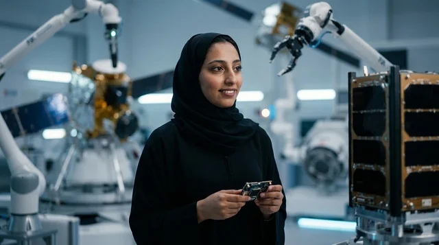 مهندسة فضاء إماراتية بالعباءة في مختبر روبوتات حديث