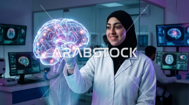 عالمة عربية تتفاعل مع مجسم ثلاثي الأبعاد للدماغ