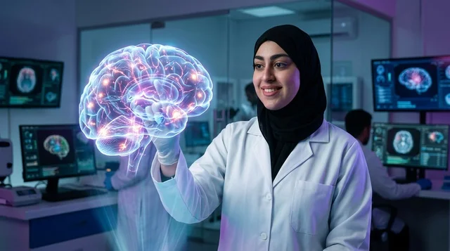 عالمة عربية تتفاعل مع مجسم ثلاثي الأبعاد للدماغ