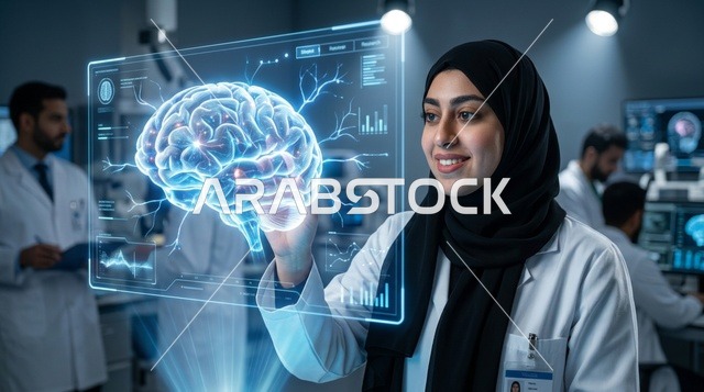 عالمة طبيبة عربية بالحجاب تتفاعل مع هولوغرام الدماغ