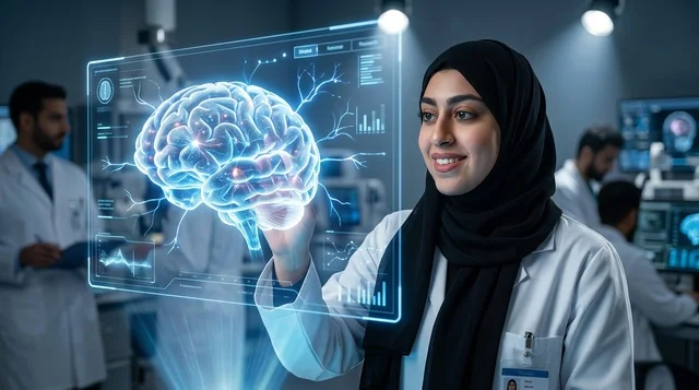 عالمة طبيبة عربية بالحجاب تتفاعل مع هولوغرام الدماغ