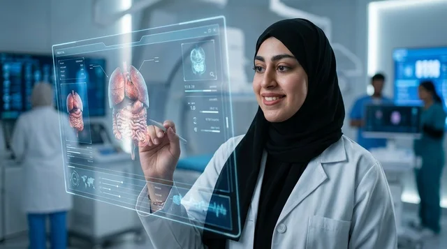 طبيبة عربية تتفاعل مع شاشة هولوغرام طبية في المختبر