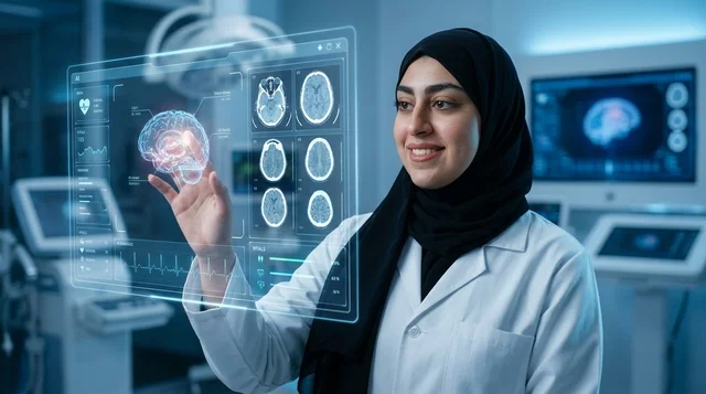 طبيبة عربية محجبة تفحص أشعة الدماغ بتقنية الهولوغرام