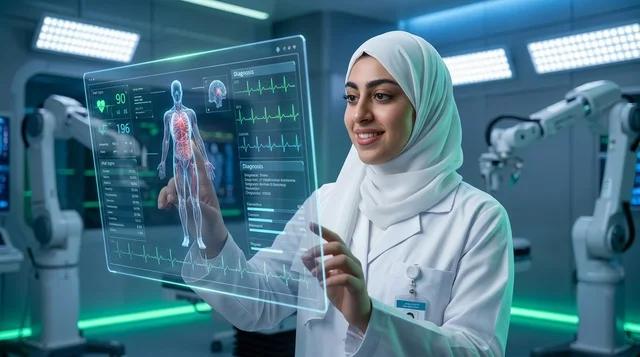 Arab Female Doctor Using Holographic Medical Screen